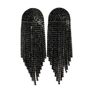 Black Formal Holiday Party Dress Earrings Black Long Tassel Rhinestone Earrings